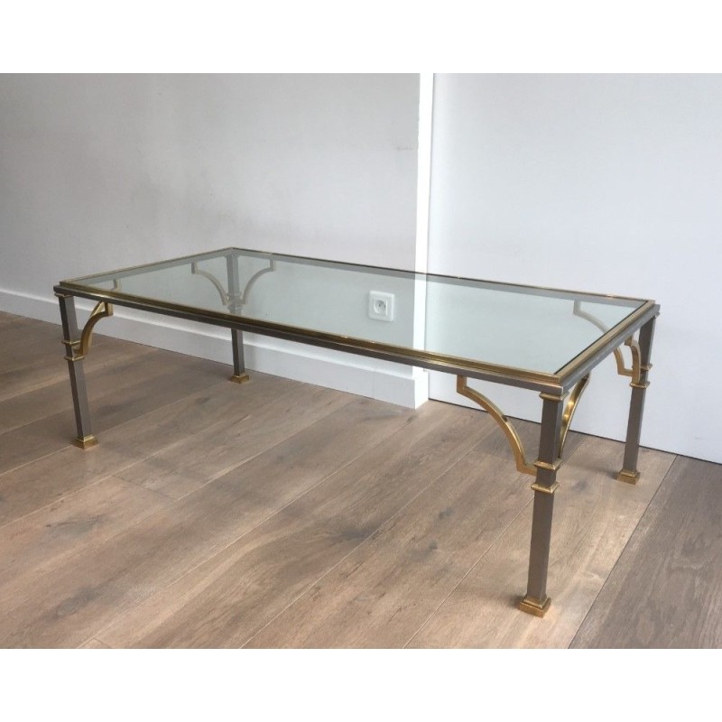 Table Basse en Acier Brossé et Laiton. Dans le Goût de la Maison Jansen