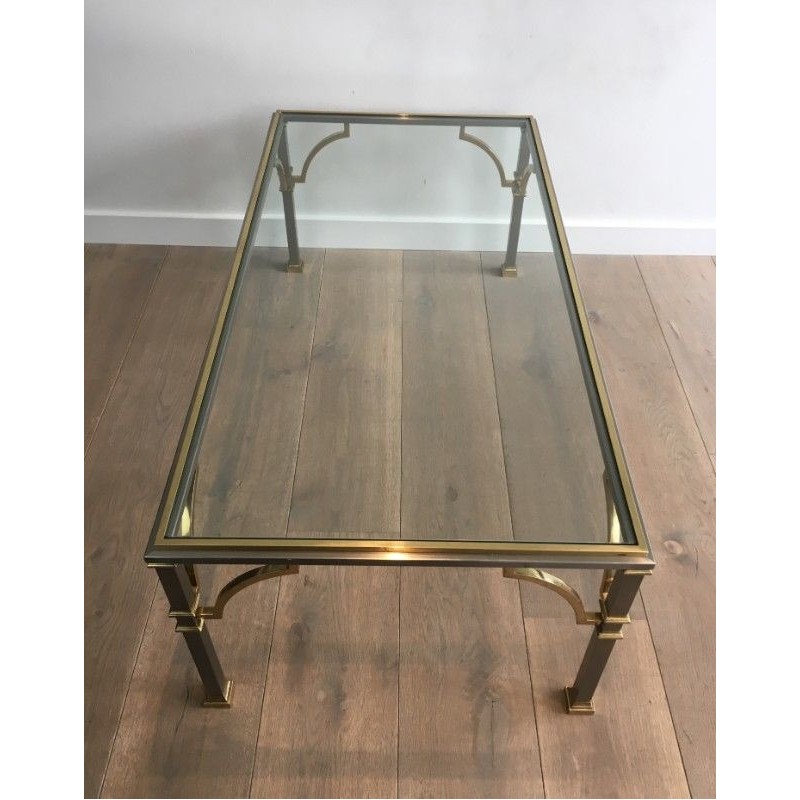 Table Basse en Acier Brossé et Laiton. Dans le Goût de la Maison Jansen