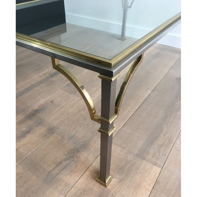 Table Basse en Acier Brossé et Laiton. Dans le Goût de la Maison Jansen