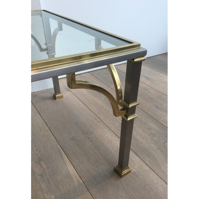 Table Basse en Acier Brossé et Laiton. Dans le Goût de la Maison Jansen
