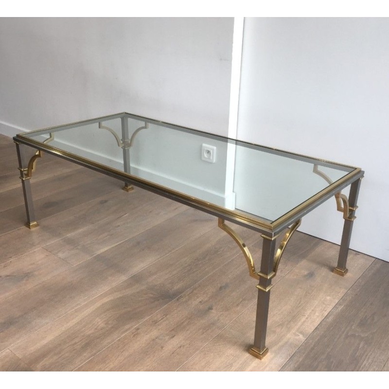 Table Basse en Acier Brossé et Laiton. Dans le Goût de la Maison Jansen