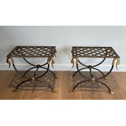 Pair of Neoclassical Style Steel and Brass Curules Stools Attributed to Maison Jansen