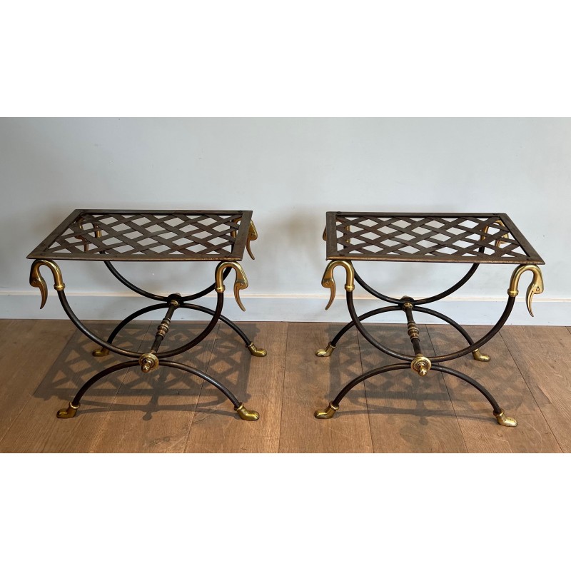 Pair of Neoclassical Style Steel and Brass Curules Stools Attributed to Maison Jansen