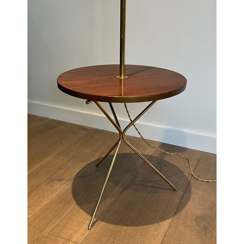 Neoclassical Brass and Mahogany Floor Lamp with Shelf, Style Maison Jansen, circa 1940