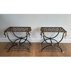 Pair of Neoclassical Style Steel and Brass Curules Stools Attributed to Maison Jansen