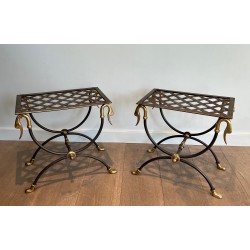 Pair of Neoclassical Style Steel and Brass Curules Stools Attributed to Maison Jansen