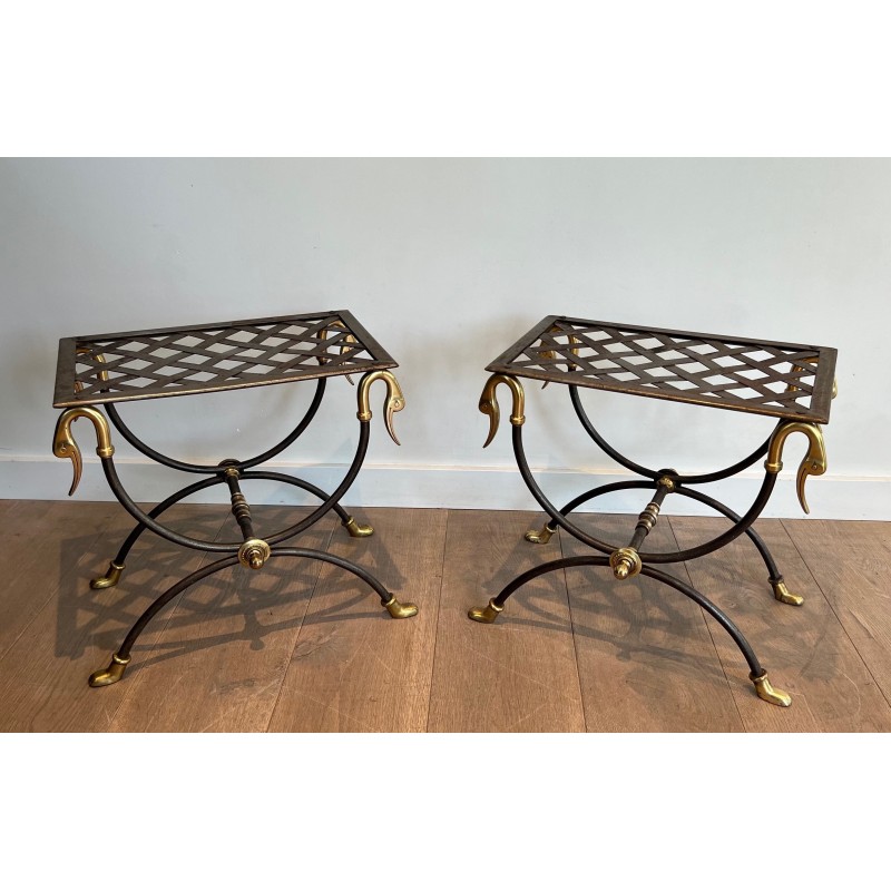 Pair of Neoclassical Style Steel and Brass Curules Stools Attributed to Maison Jansen