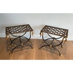 Pair of Neoclassical Style Steel and Brass Curules Stools Attributed to Maison Jansen