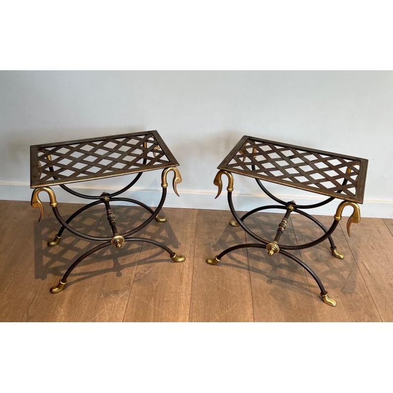 Pair of Neoclassical Style Steel and Brass Curules Stools Attributed to Maison Jansen