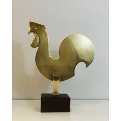 Brass Rooster Sculpture on Wooden Base, French, Circa 1970