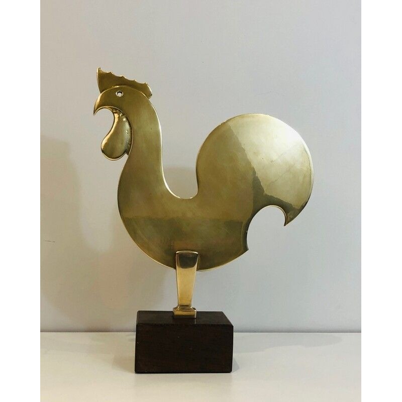 Brass Rooster Sculpture on Wooden Base, French, Circa 1970