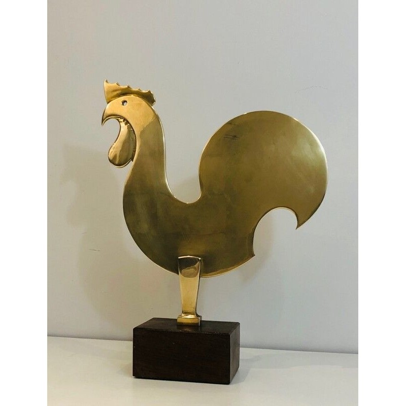 Brass Rooster Sculpture on Wooden Base, French, Circa 1970