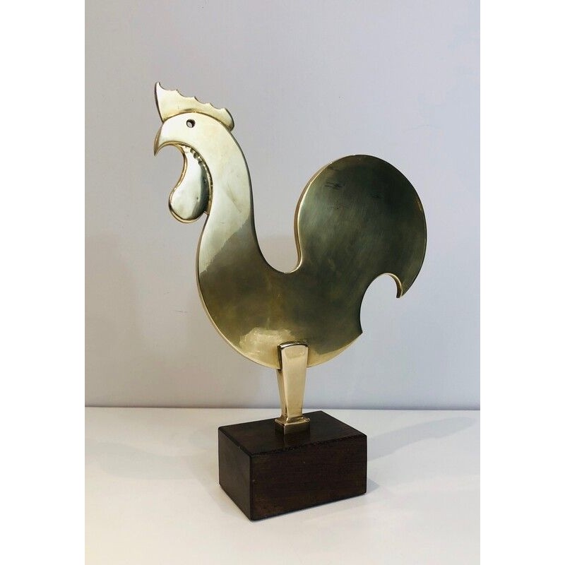 Brass Rooster Sculpture on Wooden Base, French, Circa 1970