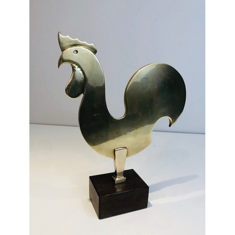 Brass Rooster Sculpture on Wooden Base, French, Circa 1970