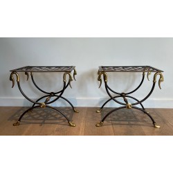 Pair of Neoclassical Style Steel and Brass Curules Stools Attributed to Maison Jansen