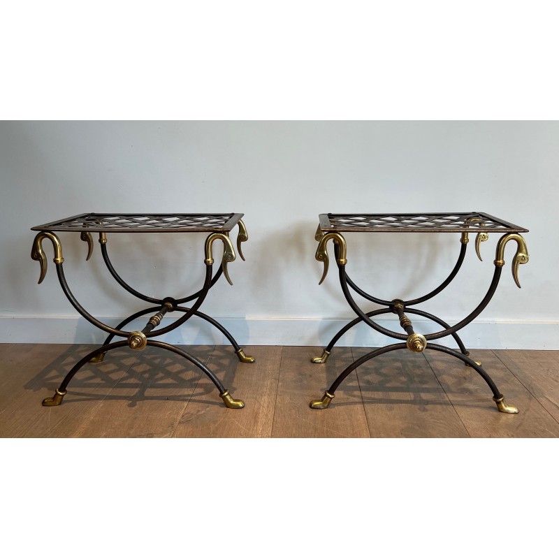 Pair of Neoclassical Style Steel and Brass Curules Stools Attributed to Maison Jansen