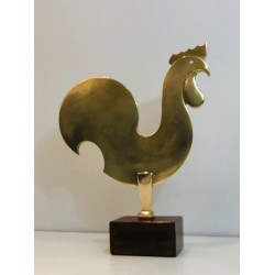 Brass Rooster Sculpture on Wooden Base, French, Circa 1970