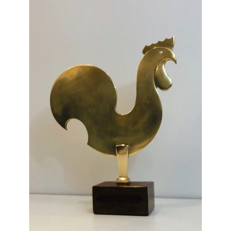 Brass Rooster Sculpture on Wooden Base, French, Circa 1970