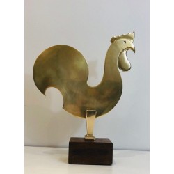 Brass Rooster Sculpture on Wooden Base, French, Circa 1970