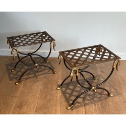 Pair of Neoclassical Style Steel and Brass Curules Stools Attributed to Maison Jansen