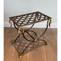 Pair of Neoclassical Style Steel and Brass Curules Stools Attributed to Maison Jansen