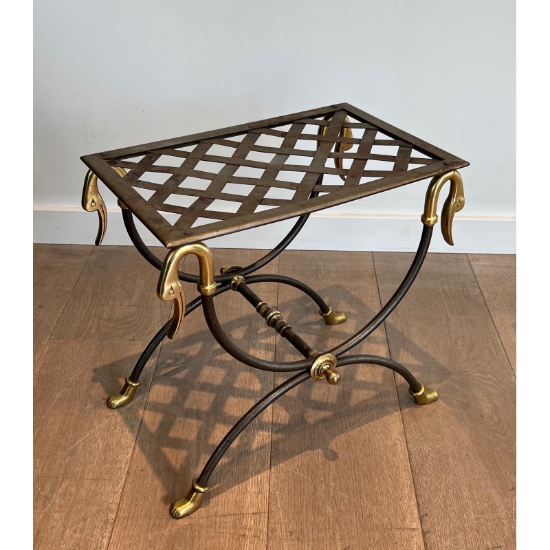 Pair of Neoclassical Style Steel and Brass Curules Stools Attributed to Maison Jansen
