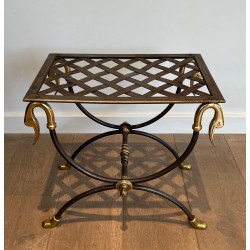 Pair of Neoclassical Style Steel and Brass Curules Stools Attributed to Maison Jansen