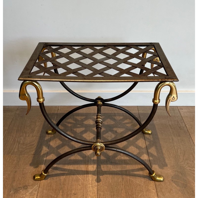 Pair of Neoclassical Style Steel and Brass Curules Stools Attributed to Maison Jansen