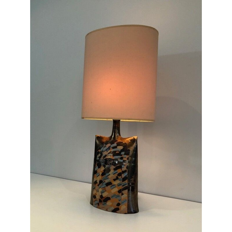 Colored Ceramic Table Lamp with Face in Relief, French, Circa 1970