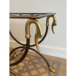Pair of Neoclassical Style Steel and Brass Curules Stools Attributed to Maison Jansen