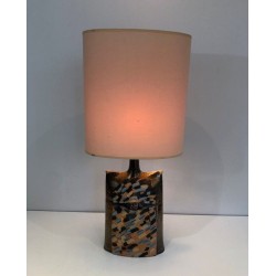 Lampe de Table en Céramique Polychrome à Visage en Relief, Travail Français, Vers 1970