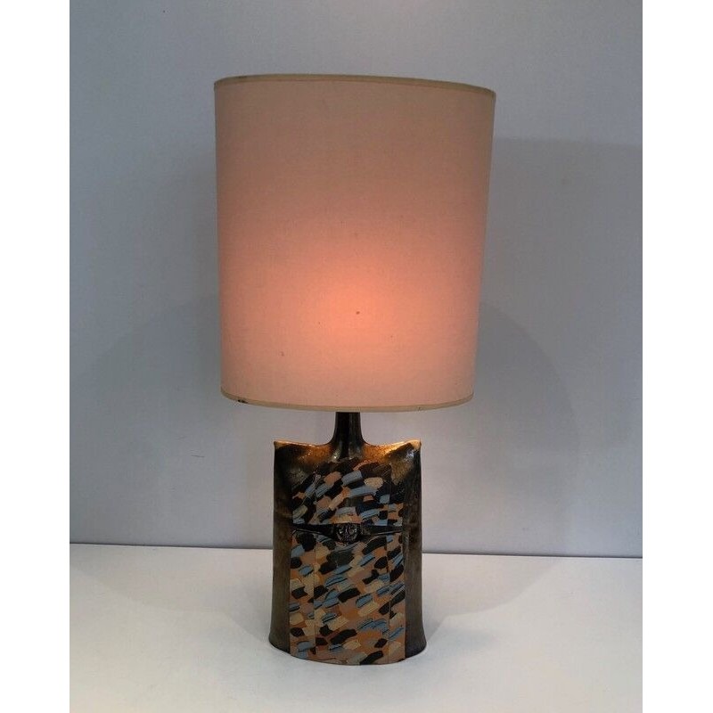 Colored Ceramic Table Lamp with Face in Relief, French, Circa 1970