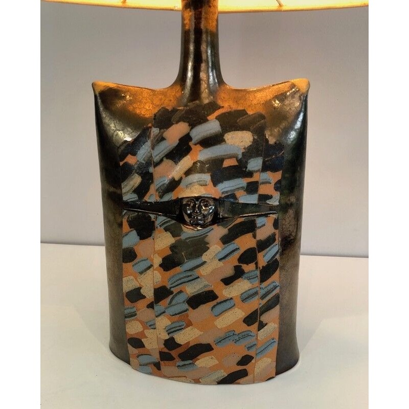 Colored Ceramic Table Lamp with Face in Relief, French, Circa 1970