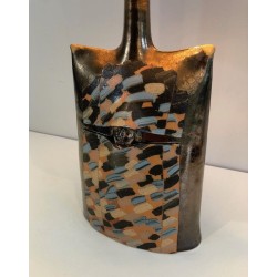 Colored Ceramic Table Lamp with Face in Relief, French, Circa 1970