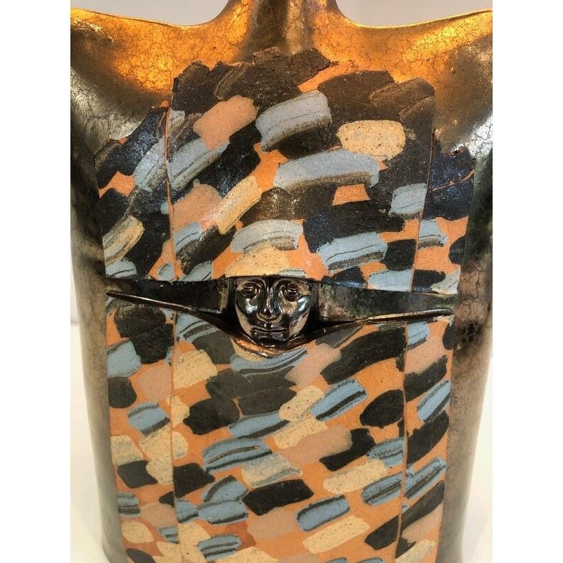 Colored Ceramic Table Lamp with Face in Relief, French, Circa 1970