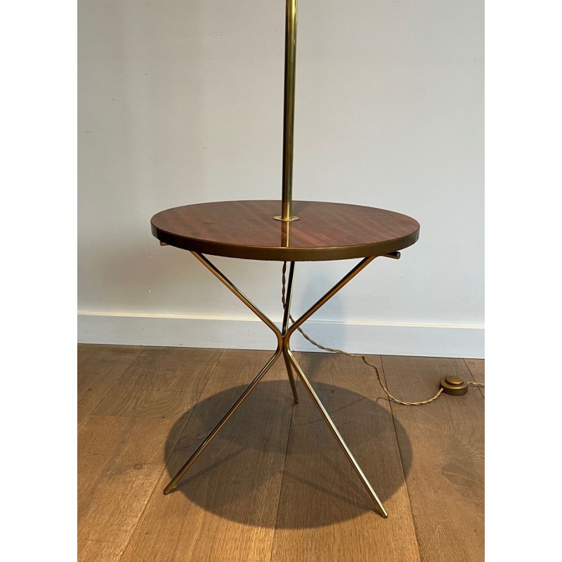 Neoclassical Brass and Mahogany Floor Lamp with Shelf, Style Maison Jansen, circa 1940