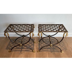 Pair of Neoclassical Style Steel and Brass Curules Stools Attributed to Maison Jansen