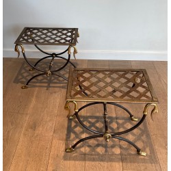 Pair of Neoclassical Style Steel and Brass Curules Stools Attributed to Maison Jansen