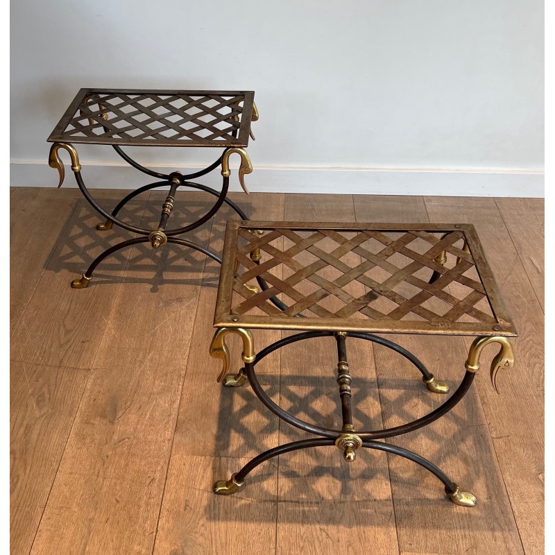 Pair of Neoclassical Style Steel and Brass Curules Stools Attributed to Maison Jansen