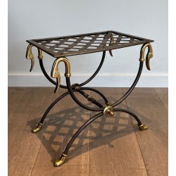 Pair of Neoclassical Style Steel and Brass Curules Stools Attributed to Maison Jansen