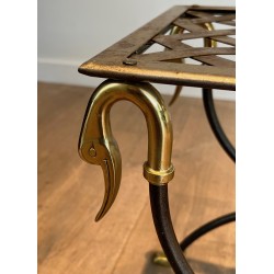 Pair of Neoclassical Style Steel and Brass Curules Stools Attributed to Maison Jansen