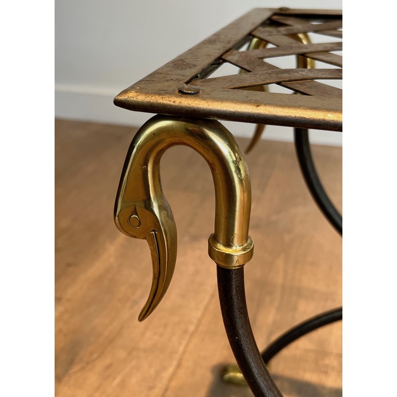 Pair of Neoclassical Style Steel and Brass Curules Stools Attributed to Maison Jansen