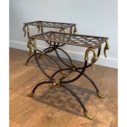 Pair of Neoclassical Style Steel and Brass Curules Stools Attributed to Maison Jansen