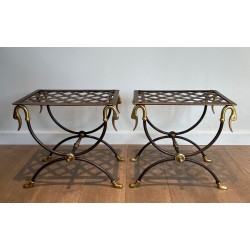 Pair of Neoclassical Style Steel and Brass Curules Stools Attributed to Maison Jansen