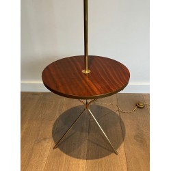 Neoclassical Brass and Mahogany Floor Lamp with Shelf, Style Maison Jansen, circa 1940