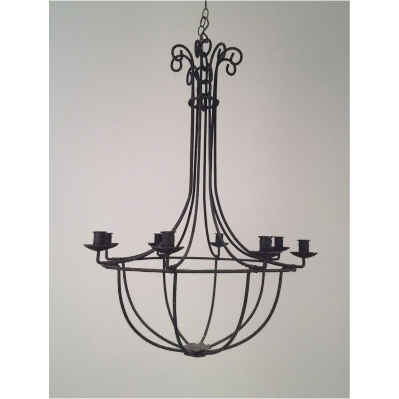 Large Cage-Form Wrought Iron Chandelier, French, Circa 1970