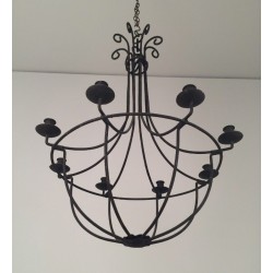 Grand Lustre Cage en Fer Forgé, Travail Français, Vers 1970