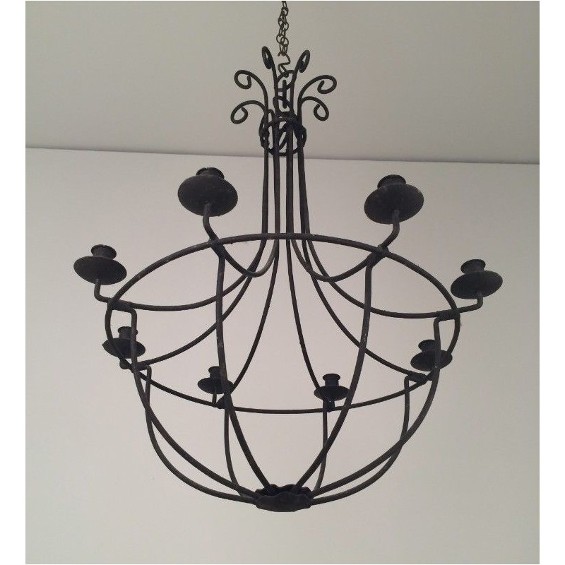 Large Cage-Form Wrought Iron Chandelier, French, Circa 1970
