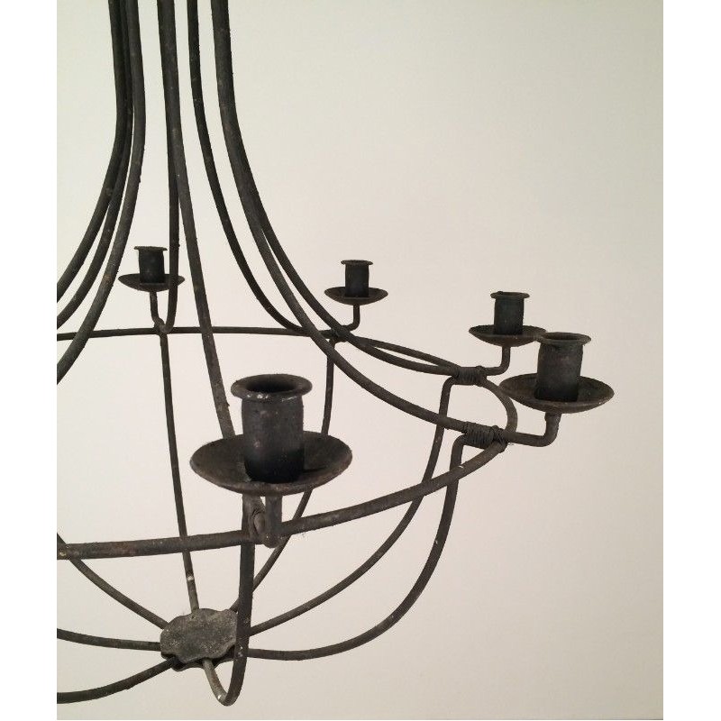Large Cage-Form Wrought Iron Chandelier, French, Circa 1970