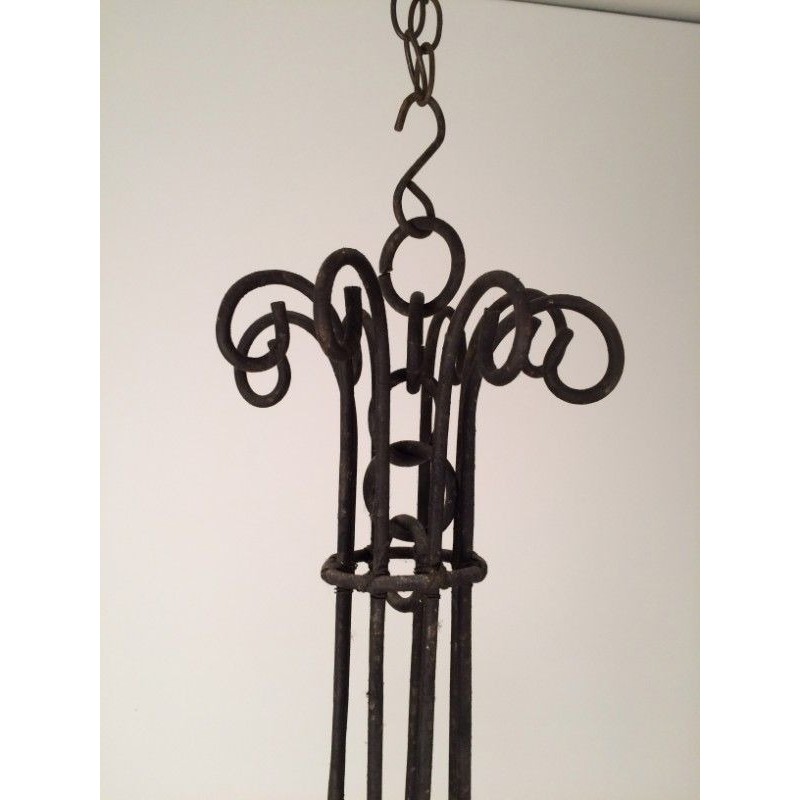 Grand Lustre Cage en Fer Forgé, Travail Français, Vers 1970